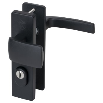 Nemef 3405-2 veiligheidsbeslag kortschild knop/ kruk zwart met kerntrekbeveiliging PC55 deurdikte 38 tot 45 mm SKG3 Nemef 3405-2 veiligheidsbeslag kortschild knop/ kruk zwart met kerntrekbeveiliging PC55 deurdikte 38 tot 45 mm SKG3